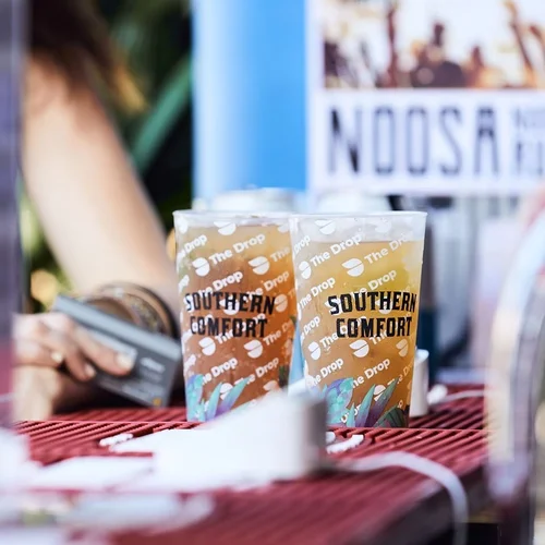Reusable cup made in Australia by bettercup with the brand Southern Comfort, used by drink retailers at a major festival.