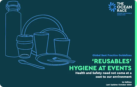 Global Best Practice Guidelines for Reusables Hygiene at Events - cover page showing icon graphics of reusable plates, bowls, reusable cups from bettercup and water bottles.