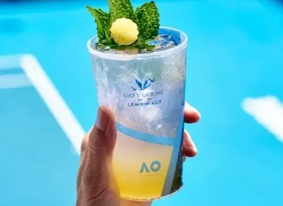 Reusable cup with `grey goose and australian open custom printing made by bettercup for reducing waste at a major sporting event.